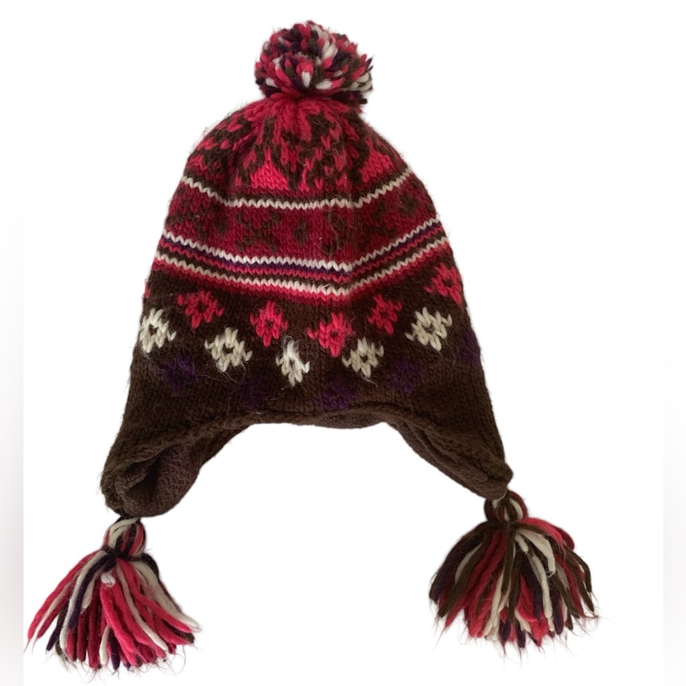Knit Hat Youth Size 4-7 Pink Brown White Ear Flap Pom Pom Tassels Fleece Lined